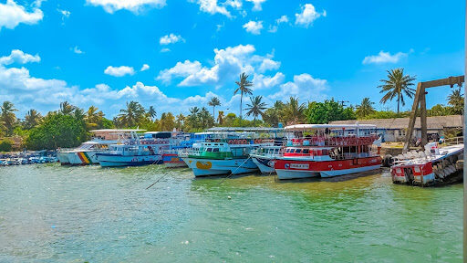 Whale watching boats at Mirissa Harbour preparing for tours in Mirissa, Sri Lanka