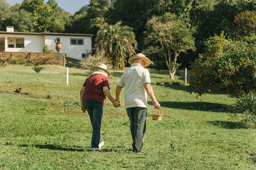 Senior couple walking through lush greenery in central Sri Lanka hill country