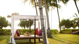 Beachfront cabana at Thaala Bentota surrounded by palm trees and ocean views in Sri Lanka