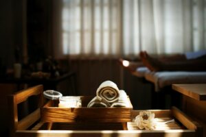 Ayurveda therapy room prepared for Panchakarma treatment at a wellness retreat in Sri Lanka