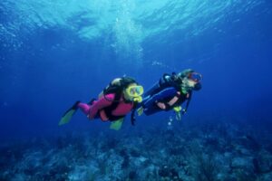 Scuba divers exploring a coral reef on Sri Lanka’s south coast with clear blue underwater visibility