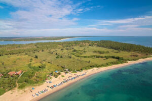 Aerial view of the Pasikuda coastline showing calm waters, ideal for fishing on the Sri Lankan east coast