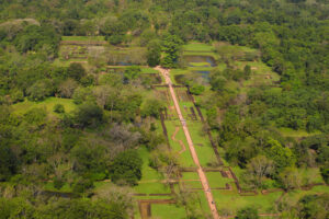 Aerial view of ancient water-filled garden pools at Sigiriya Rock Fortress