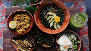 A simple Ayurvedic meal with warm vegetables and herbs