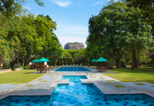 Hotel Sigiriya with a view of Sigiriya Rock on the horizon