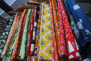 Finished batik fabrics displayed at a workshop in Sri Lanka.