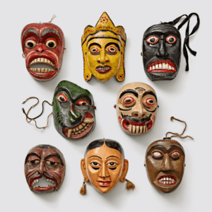 A collection of Sanni healing masks displayed together.